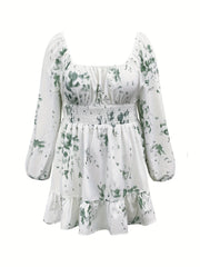Floral Print Lantern Sleeve Waist Ruffle Trim Pleated Dress