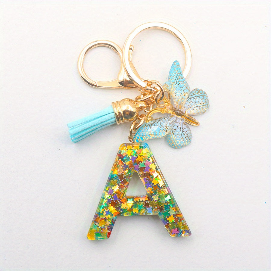 Resin Initial Letter Keychain with Butterfly Pendant and Tassel