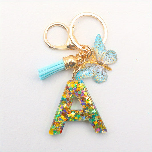 Resin Initial Letter Keychain with Butterfly Pendant and Tassel