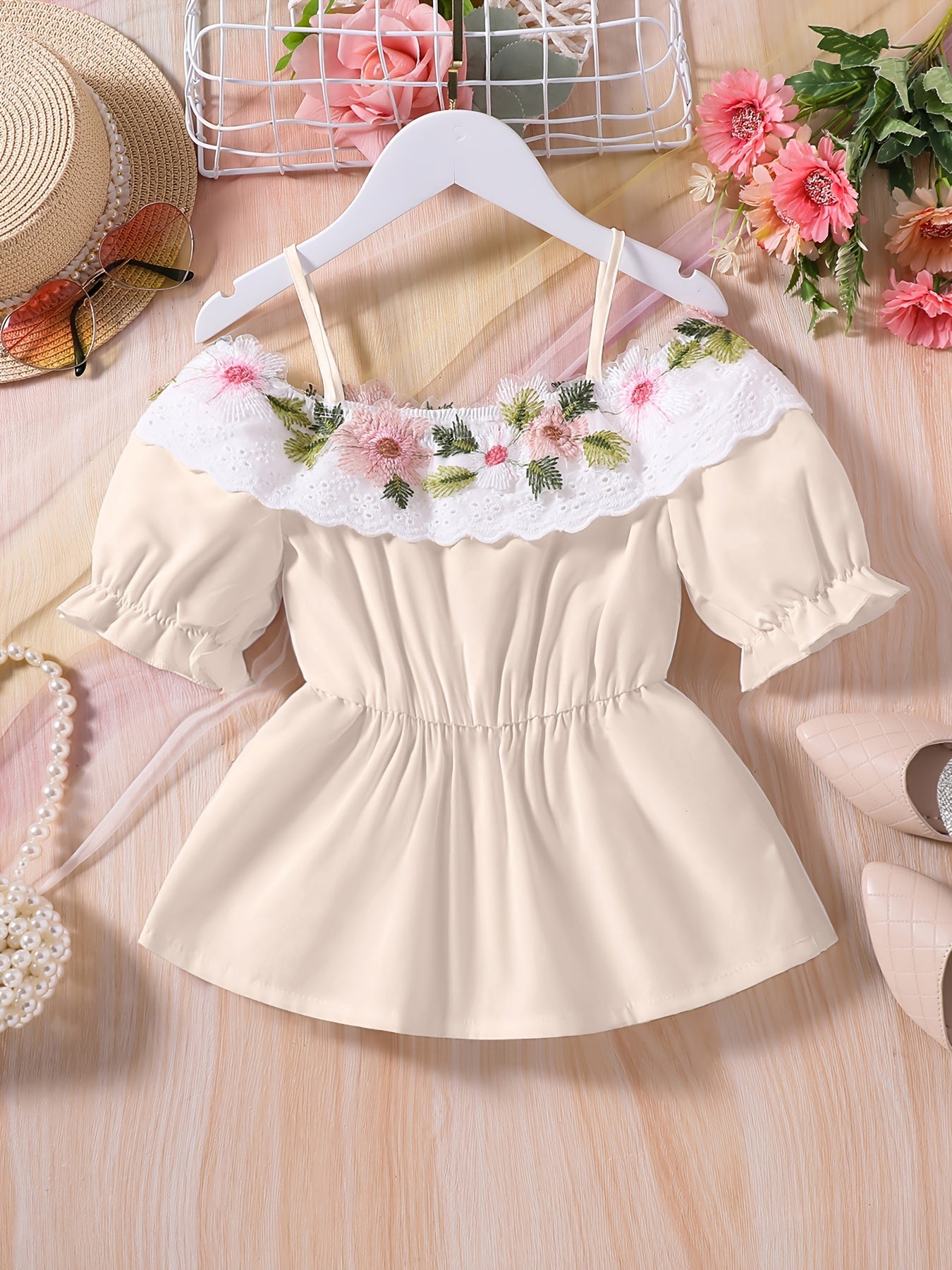 Girls Off Shoulder Flower Embroidery Tunic Shirt