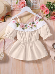 Girls Off Shoulder Flower Embroidery Tunic Shirt