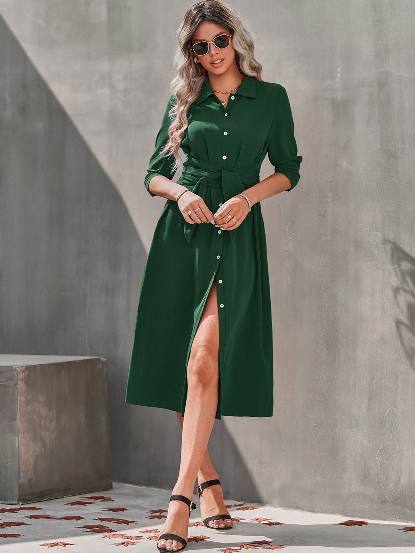 Women's Button Casual Slim Dress with Waist Tie
