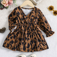 Baby Girls V-Neck Leopard Print Stylish Dress for Spring & Autumn