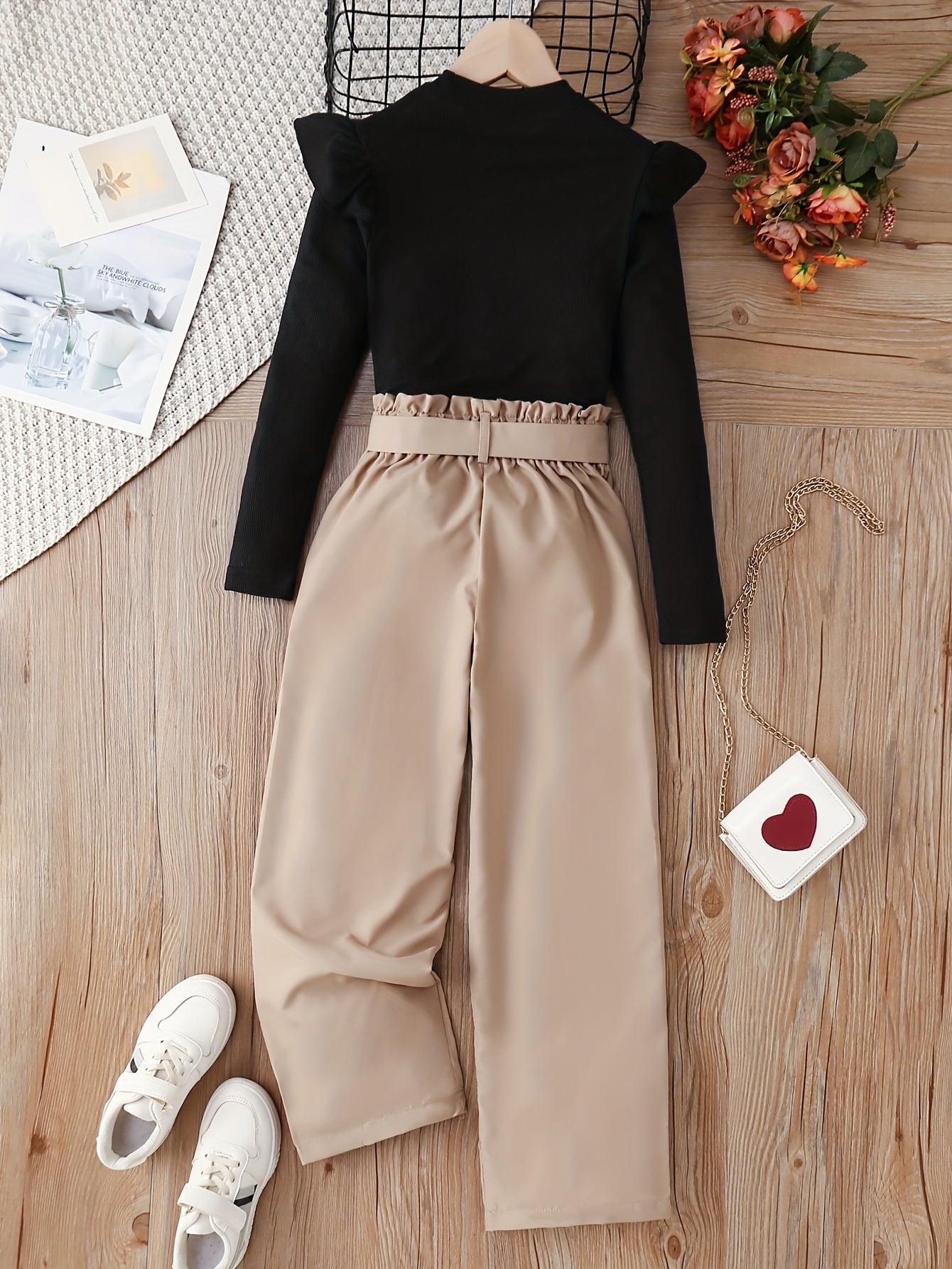 Girl's Ribbed Top & Wide Leg Pants Set for Spring Fall