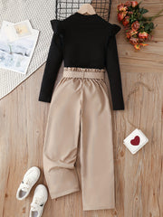 Girl's Ribbed Top & Wide Leg Pants Set for Spring Fall