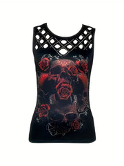 Cutout Flower Print Tank Top Sleeveless Summer Top