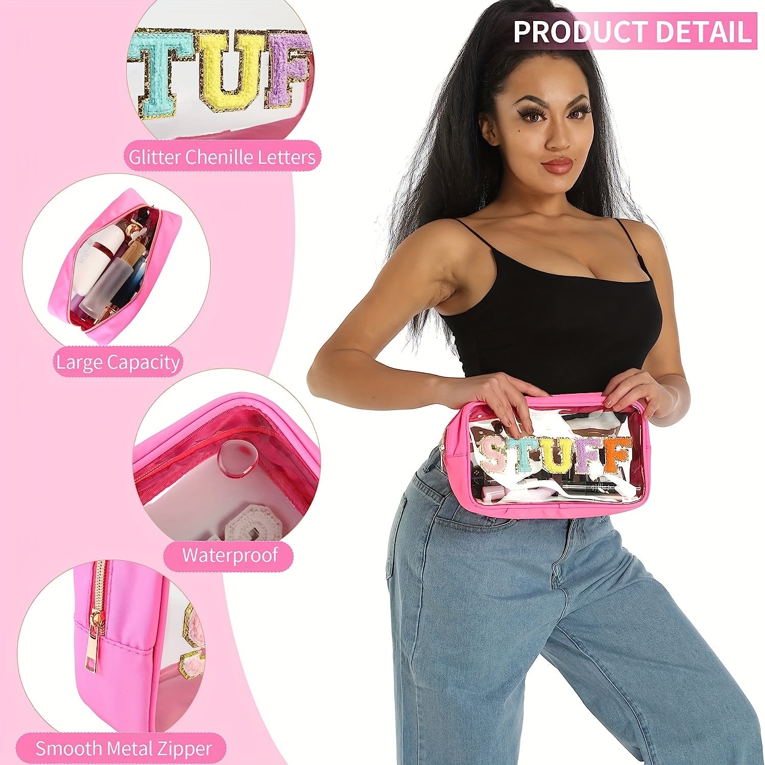 Large Clear Chenille Letters Makeup Bag for Travel