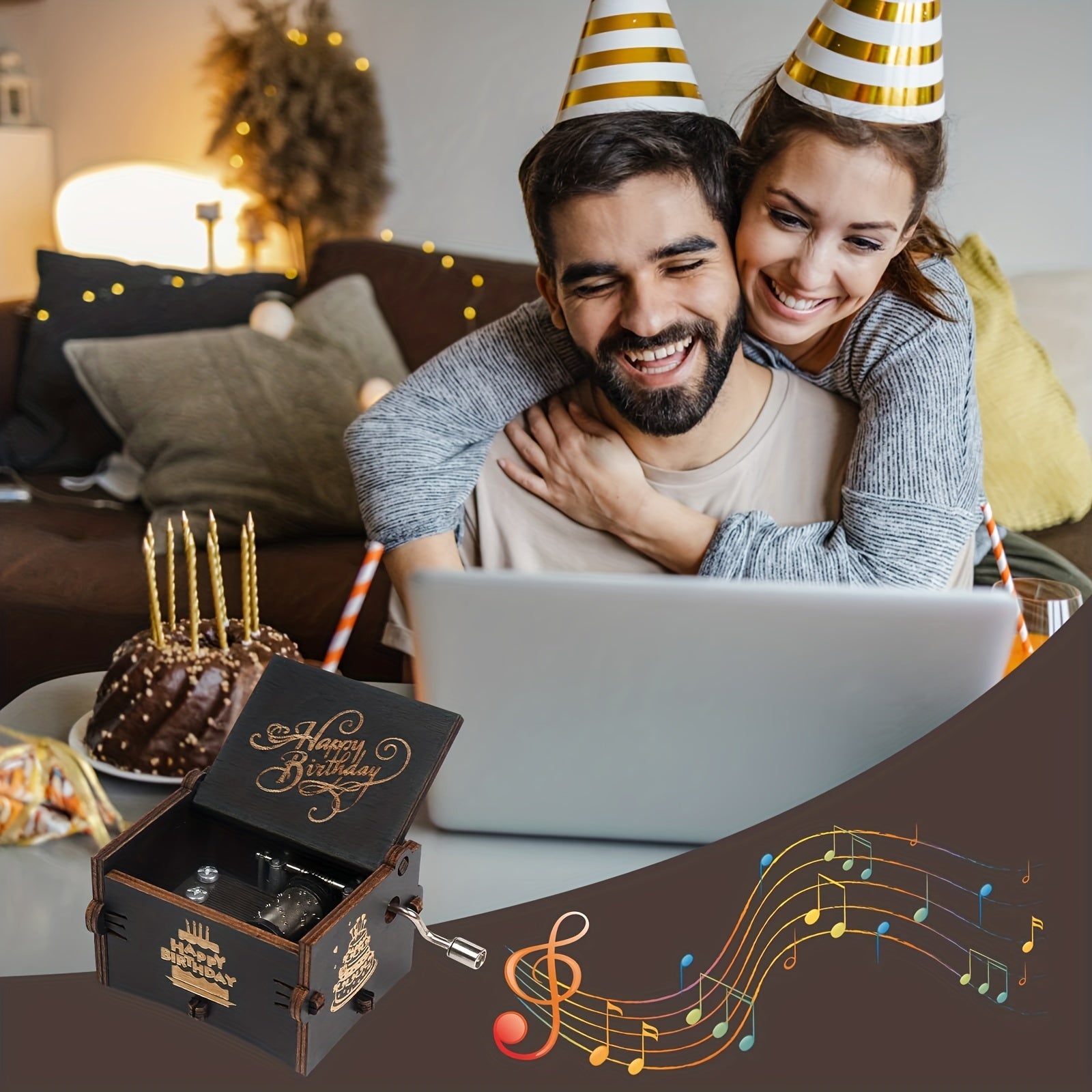 Happy Birthday Music Box Wooden Hand Crank Engraved Musical Instrument