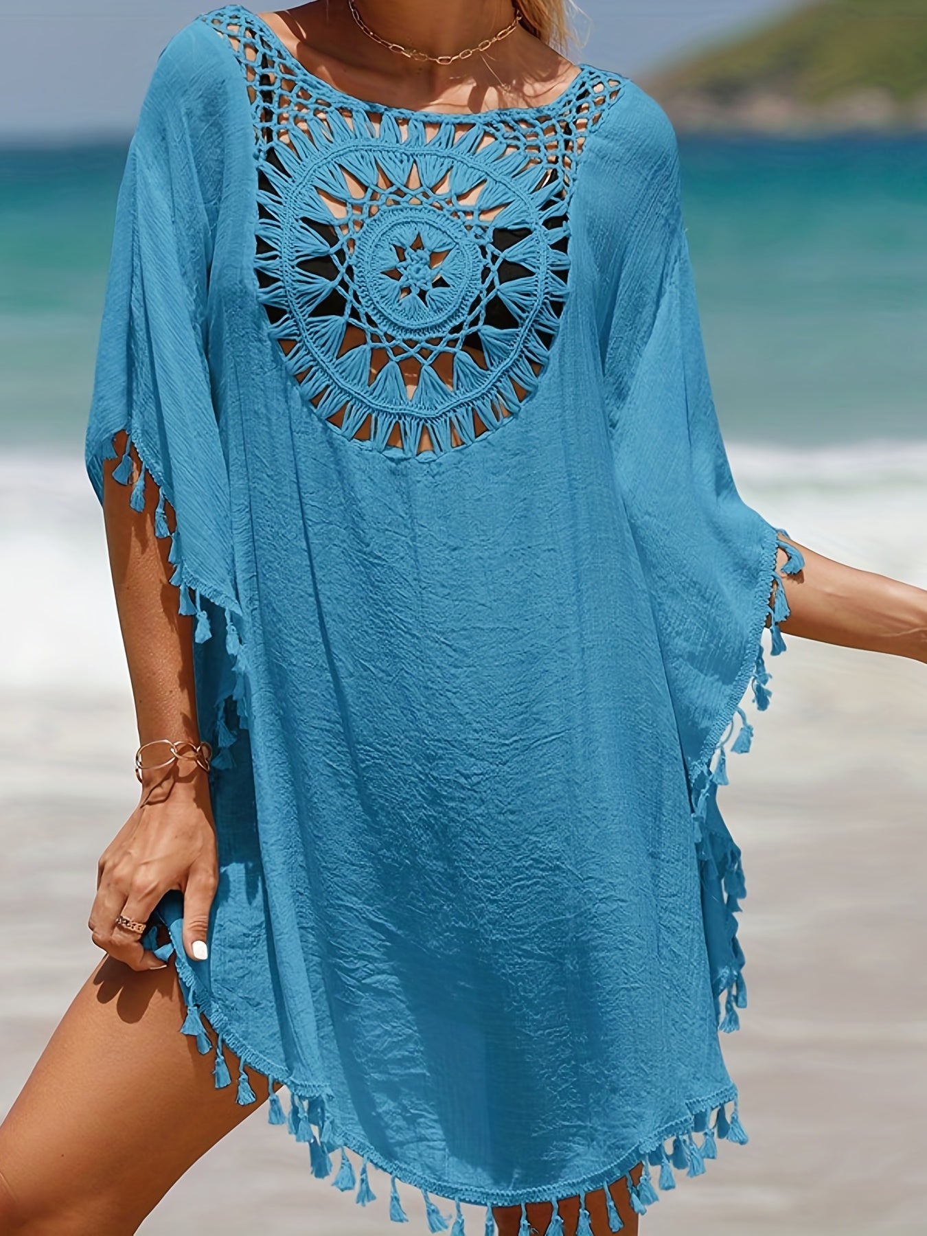 Boho Crochet Cover Up Tassel Decor Loose Fit Shirt Women's Swimwear