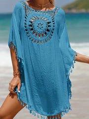 Boho Crochet Cover Up Tassel Decor Loose Fit Shirt Women's Swimwear