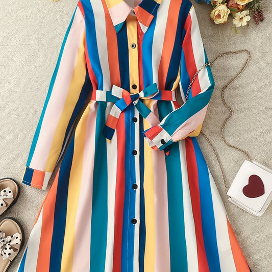 Girls' Stripe Long Sleeve Collared Shirt Dress With Belt