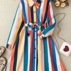 Girls' Stripe Long Sleeve Collared Shirt Dress With Belt