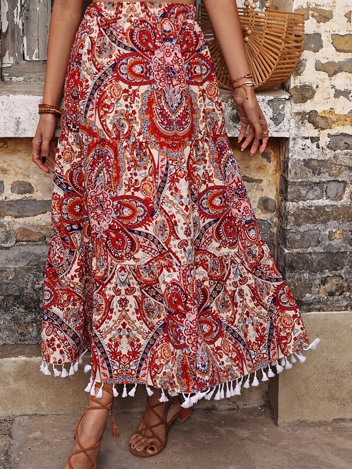 Boho Paisley Print Tassel Maxi Skirt