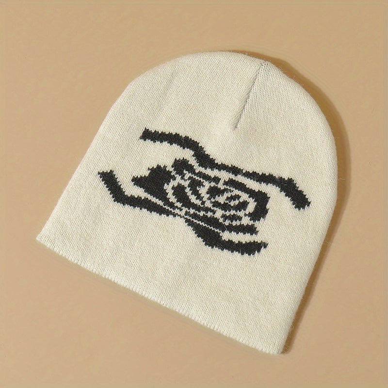 Y2K Flower Jacquard Beanie Hip Hop Knit Hat Warm Knitted Hat