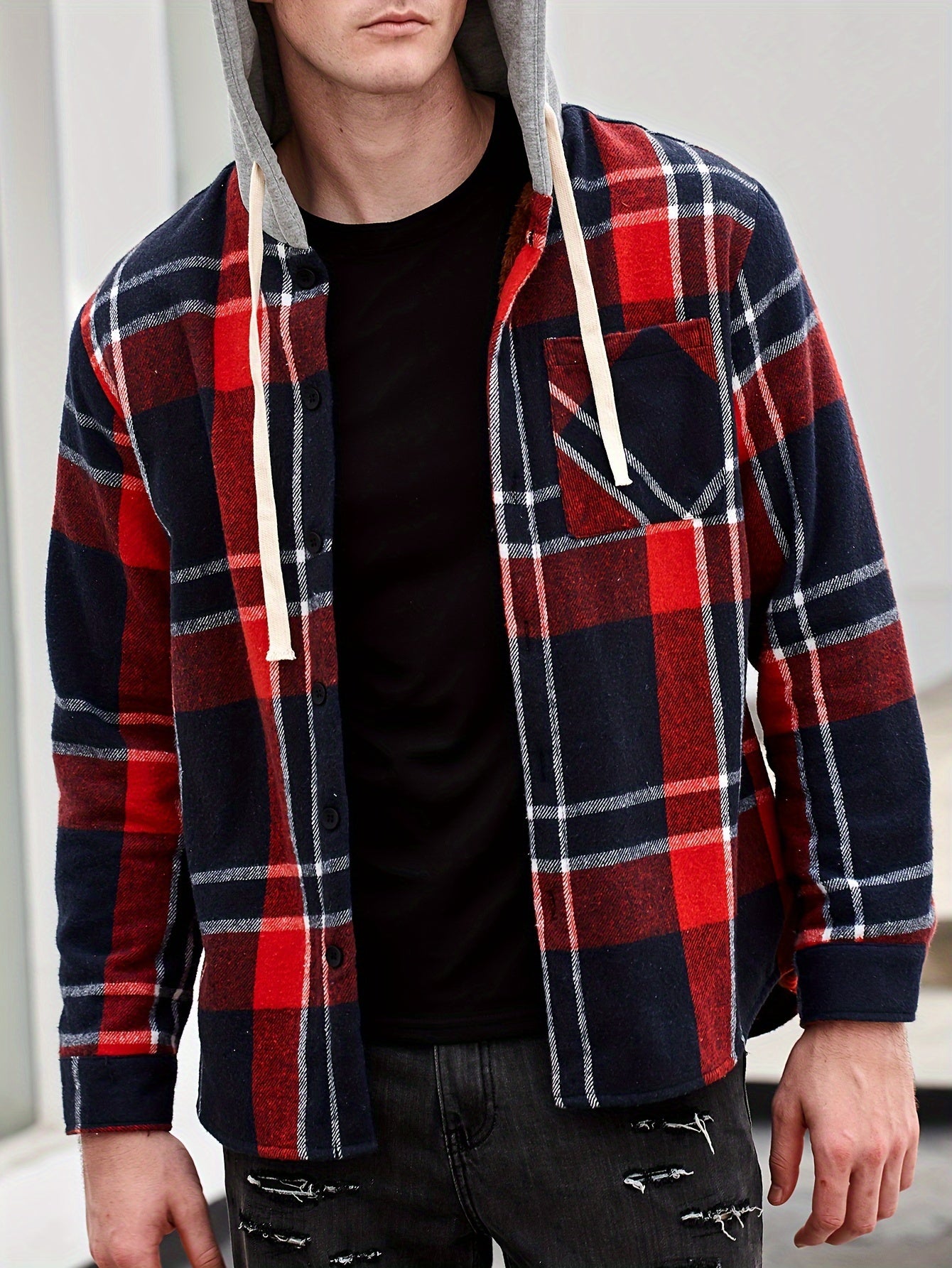 Men's Plaid Button Up Hooded Shirt Coat
