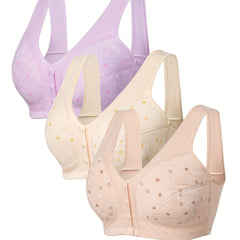 3pcs Floral Wireless Front Buckle Bras Women's Lingerie
