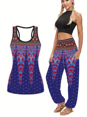 Feather Print Tank Top & Harem Pants Sports Set