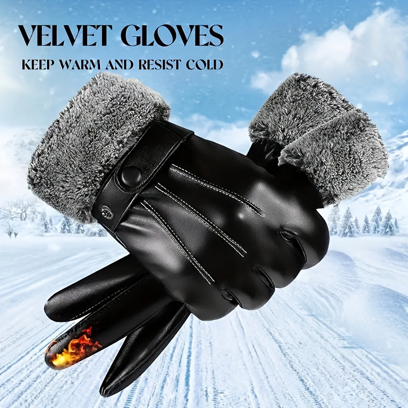 Men's Warm Gloves Motorcycle Riding Cold proof Leather Gloves Plus Velvet