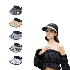 Lace Flower Sequin Visor Hat Wide Brim French Embroidery Sun Hat