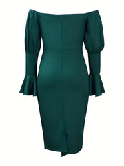 Plus Size Dress Off Shoulder Bell Sleeve Bodycon Midi Dress