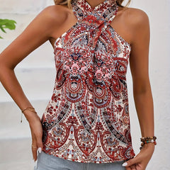 Ethnic Floral Print Halter Top Boho Criss Cross Summer Sleeveless Top