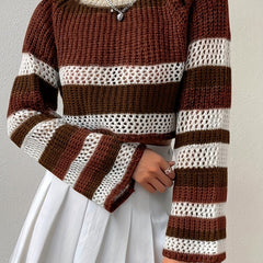 Striped Crew Neck Eyelet Crop Sweater Casual Long Sleeve Raglan Shoulder Sweater