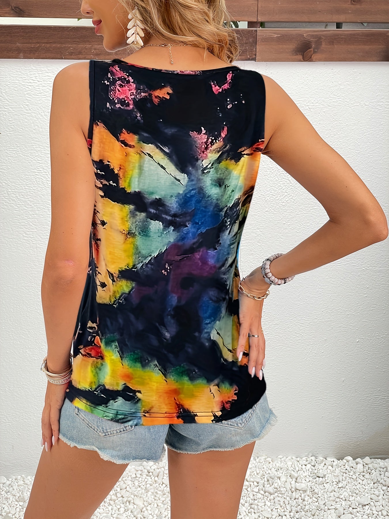 Boho Tie Dye Notched Neck Tank Top Sleeveless Tops Women's Clothing