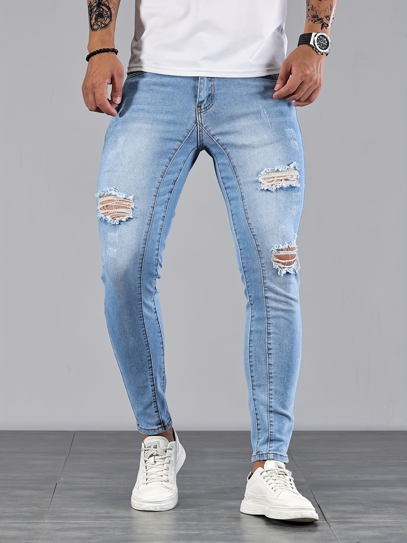 Men's Slim Fit Ripped Jeans Casual Street Style Distressed Denim Pants