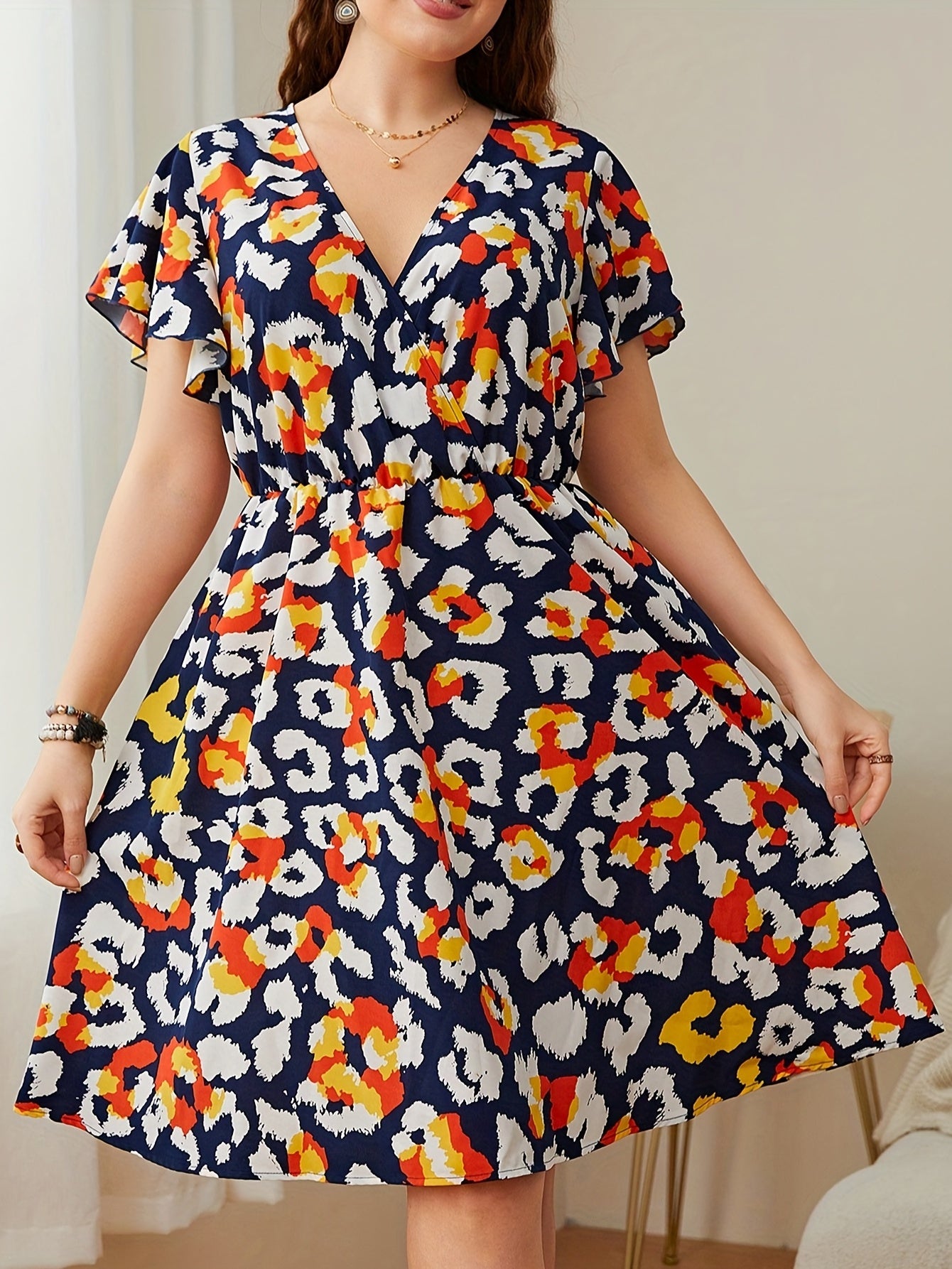 Graphic Print Ruffle Trim Cap Sleeve Mini Dress Plus Size