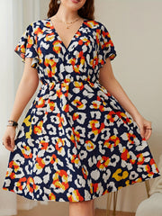 Graphic Print Ruffle Trim Cap Sleeve Mini Dress Plus Size