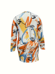 Graffiti Print Long Sleeve V Neck Tee Dress