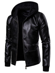 Men's Slim Fit Casual Leather Jacket with Hood