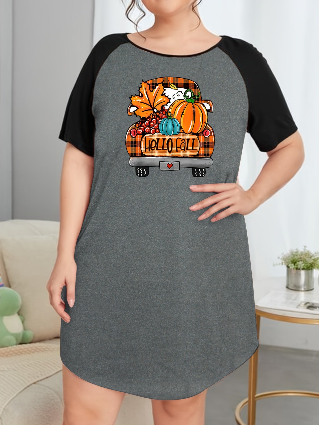 Plus Pumpkin & Plaid Car Print Raglan Sleeve Round Neck Tee Sleep Dress