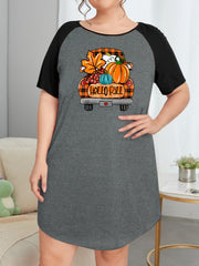 Plus Pumpkin & Plaid Car Print Raglan Sleeve Round Neck Tee Sleep Dress