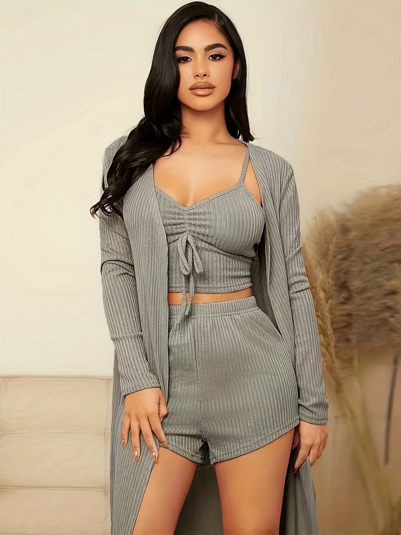 Ribbed Pajama Set Long Sleeve Robe & Cami Top & Shorts