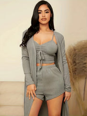 Ribbed Pajama Set Long Sleeve Robe & Cami Top & Shorts