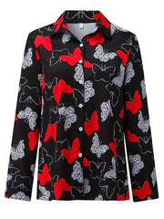 Butterfly Print Plus Size Button Up Blouse