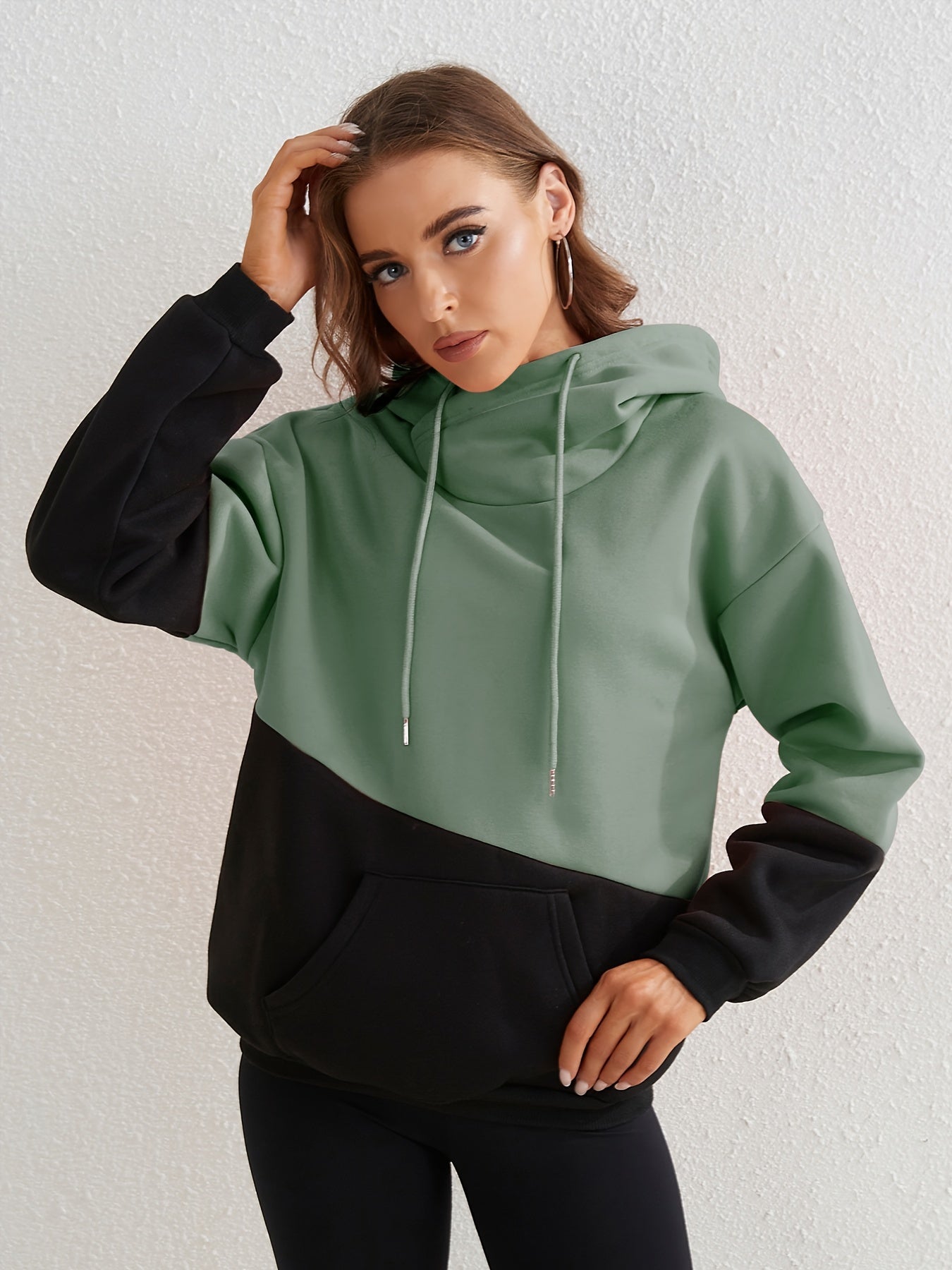 Block Kangaroo Pockets Hoodie for Women