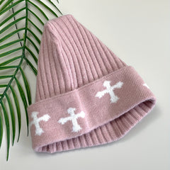 Pink Cross Jacquard Beanie Y2K Elastic Knit Hat