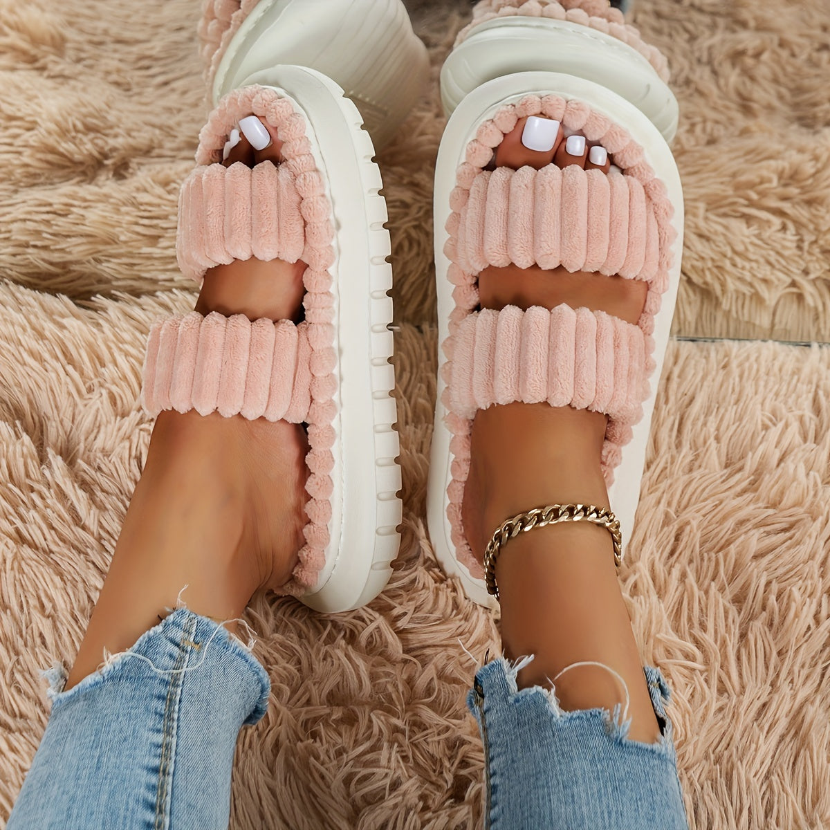Double Strap Platform Slippers Plush Home Shoes