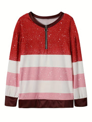 Block Zip V Neck Sweatshirt for Women