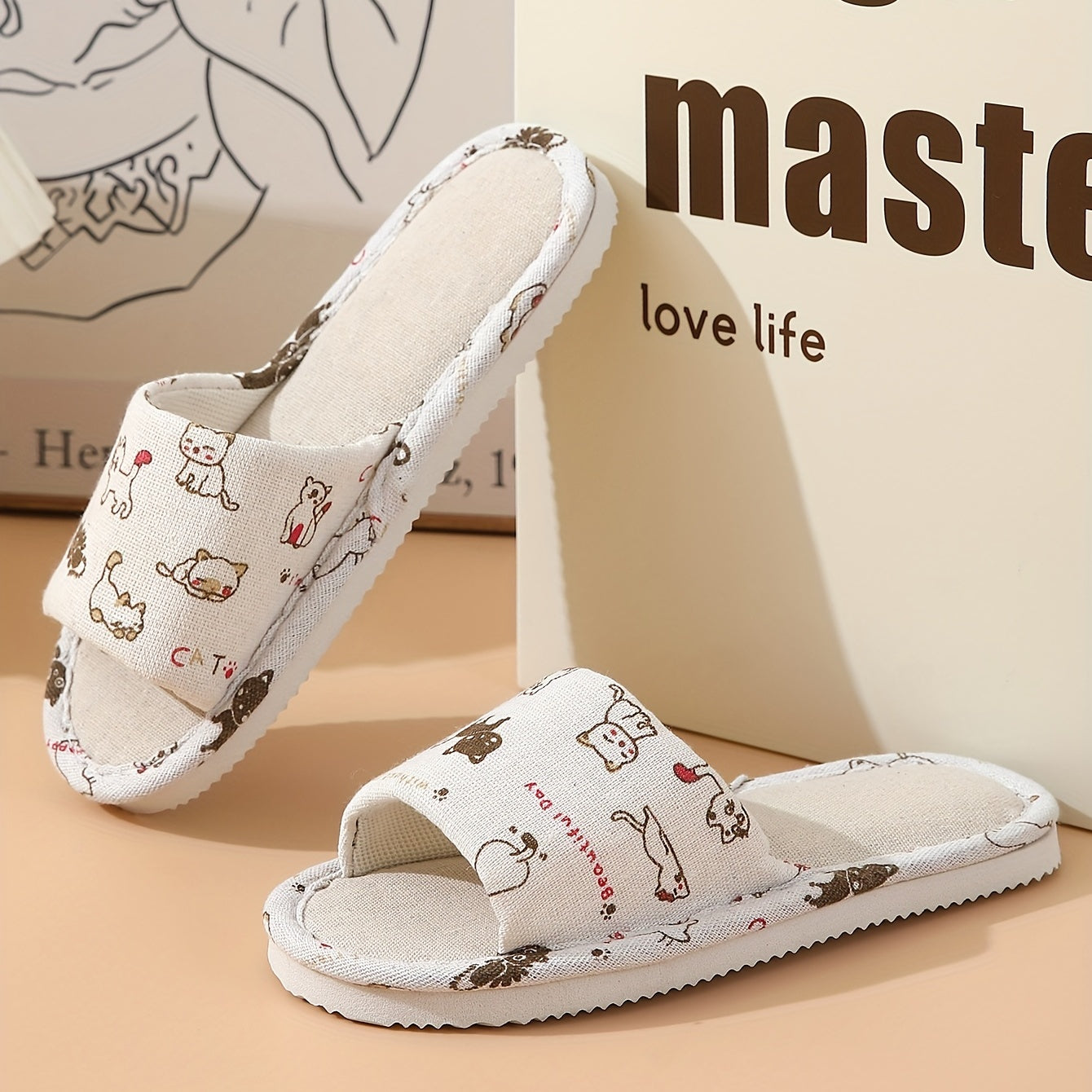Cat Print Flat Slippers Open Toe Lightweight Casual Slides Shoes