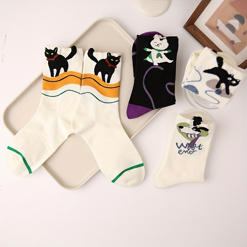 4 Pairs Cartoon Cat & Dog Print Socks Women's Stockings