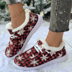 Women's Snow Boots Snowflakes & Plaid Print Plush Warm Lace-up Winter Christmas