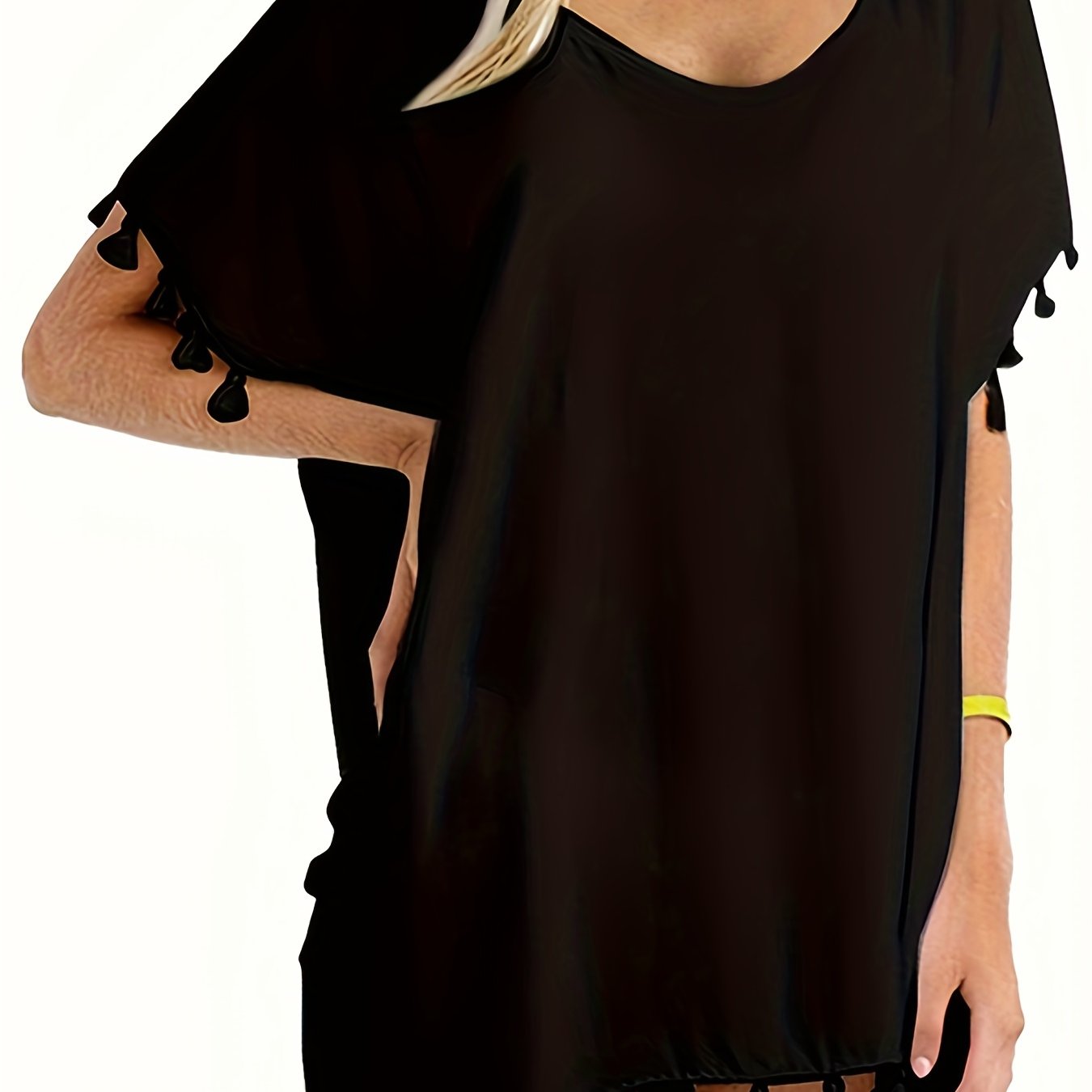 Tassel Decor Cover Up Shirt Round Neck Boho Style Semi Sheer Split Cover Ups