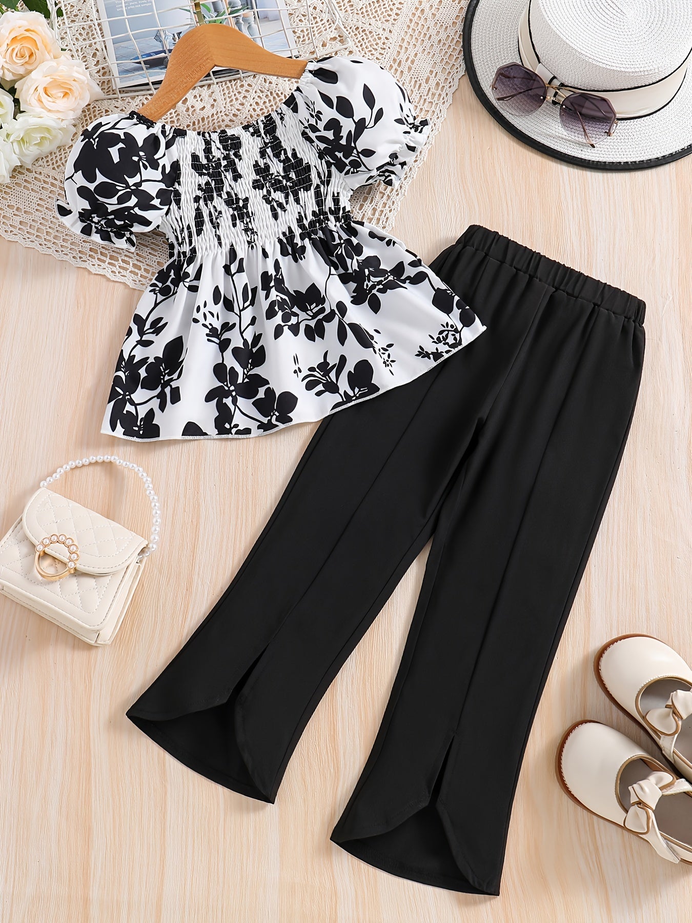 Girls Floral Print Shirred Shirt & Flared Pants Set