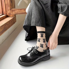 Cartoon Bear Print Sheer Mesh Socks Women's Stockings
