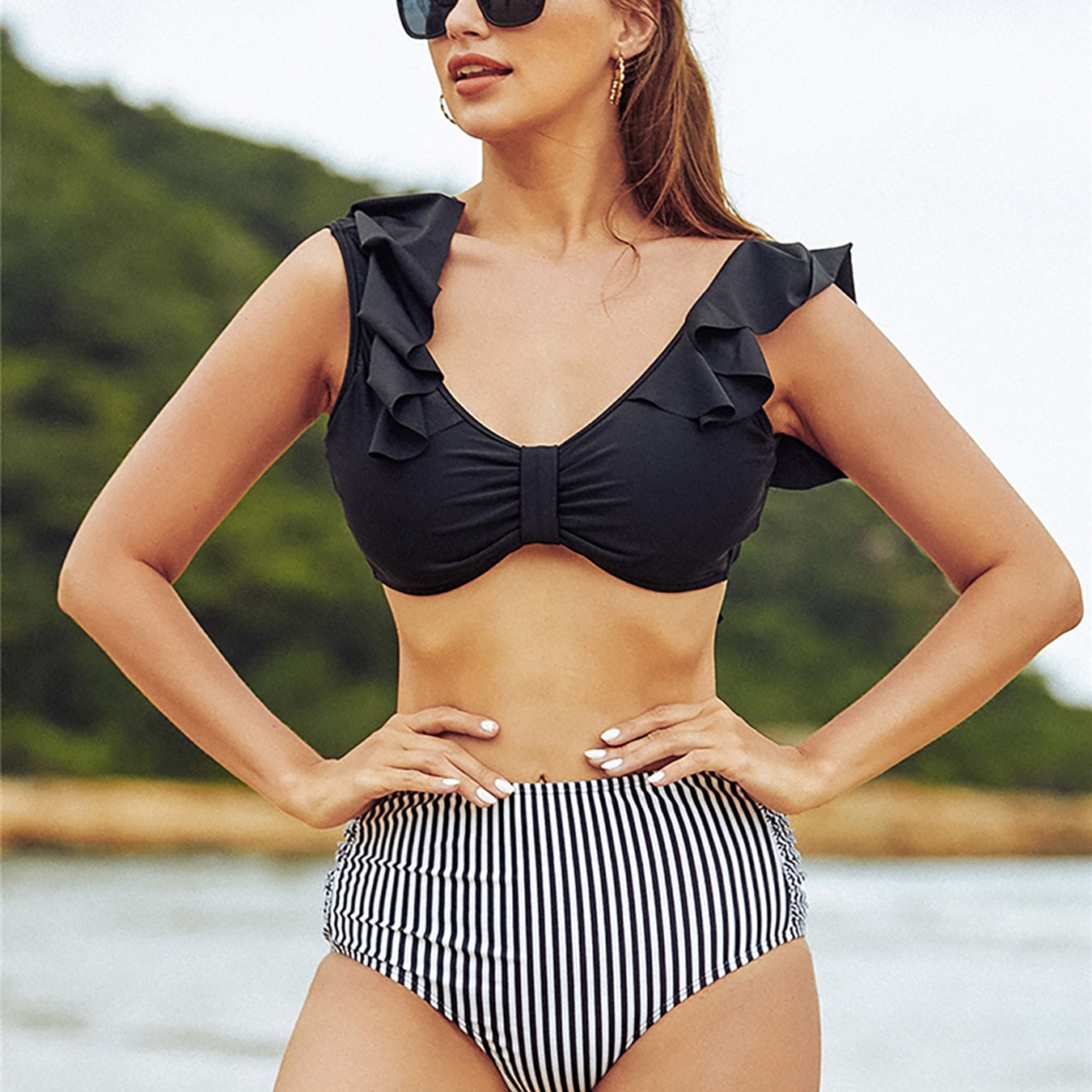 Women's Off Shoulder Two Piece Swimsuit High Waist Bodysuit Beach Bathing Suit