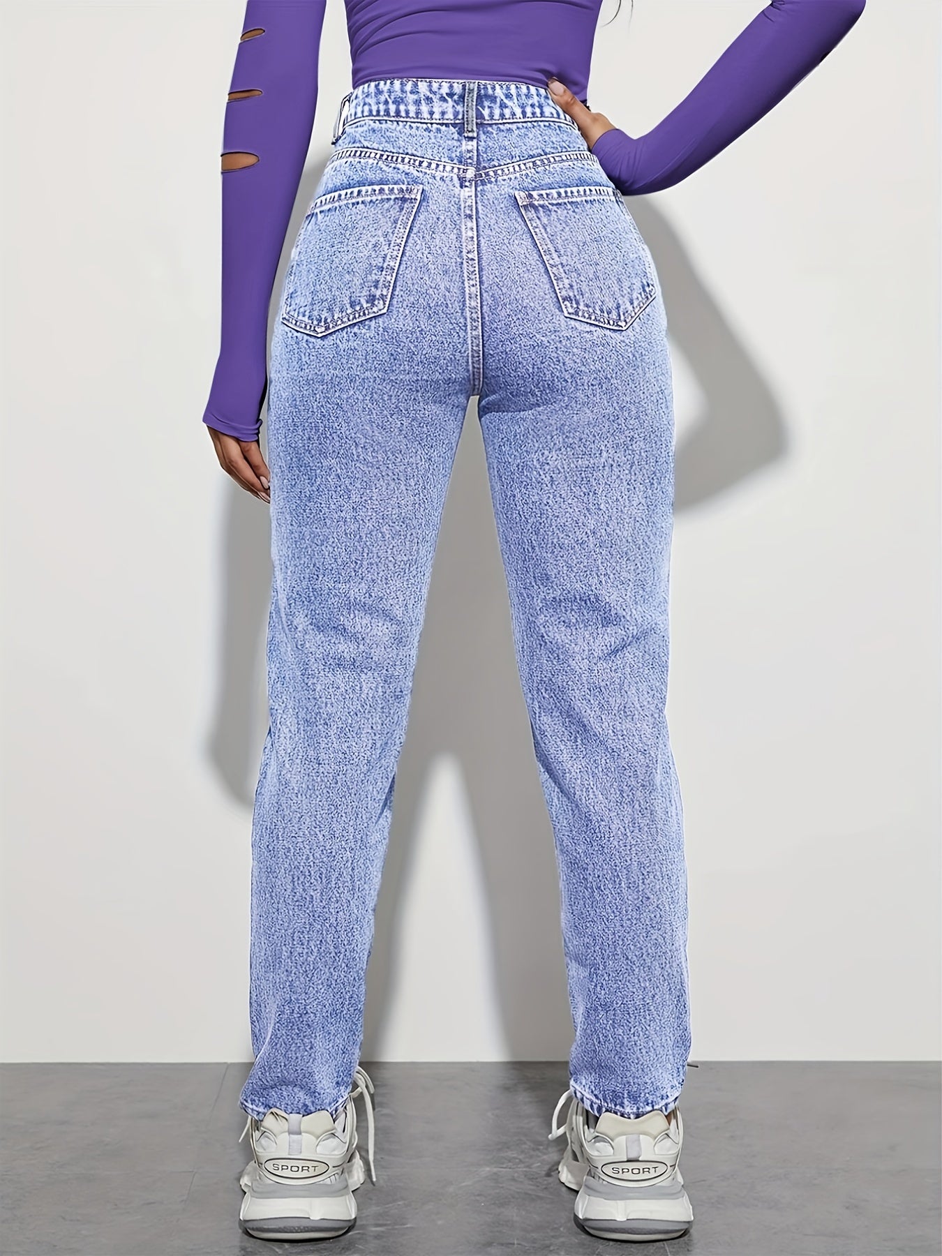 High Rise Straight Jeans Loose Fit Slash Pockets Denim Pants