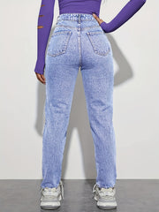 High Rise Straight Jeans Loose Fit Slash Pockets Denim Pants